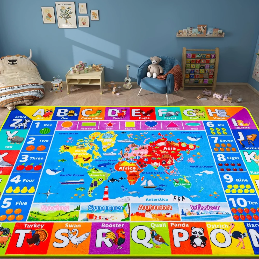 Weltkarte ABC Kinderteppich für Spielzimmer, Klassenzimmer, Spielteppich, Baby-Spielmatte, Alphabet-Teppich, Grundschule, Vorschulmatte, Raumlernutzung Image