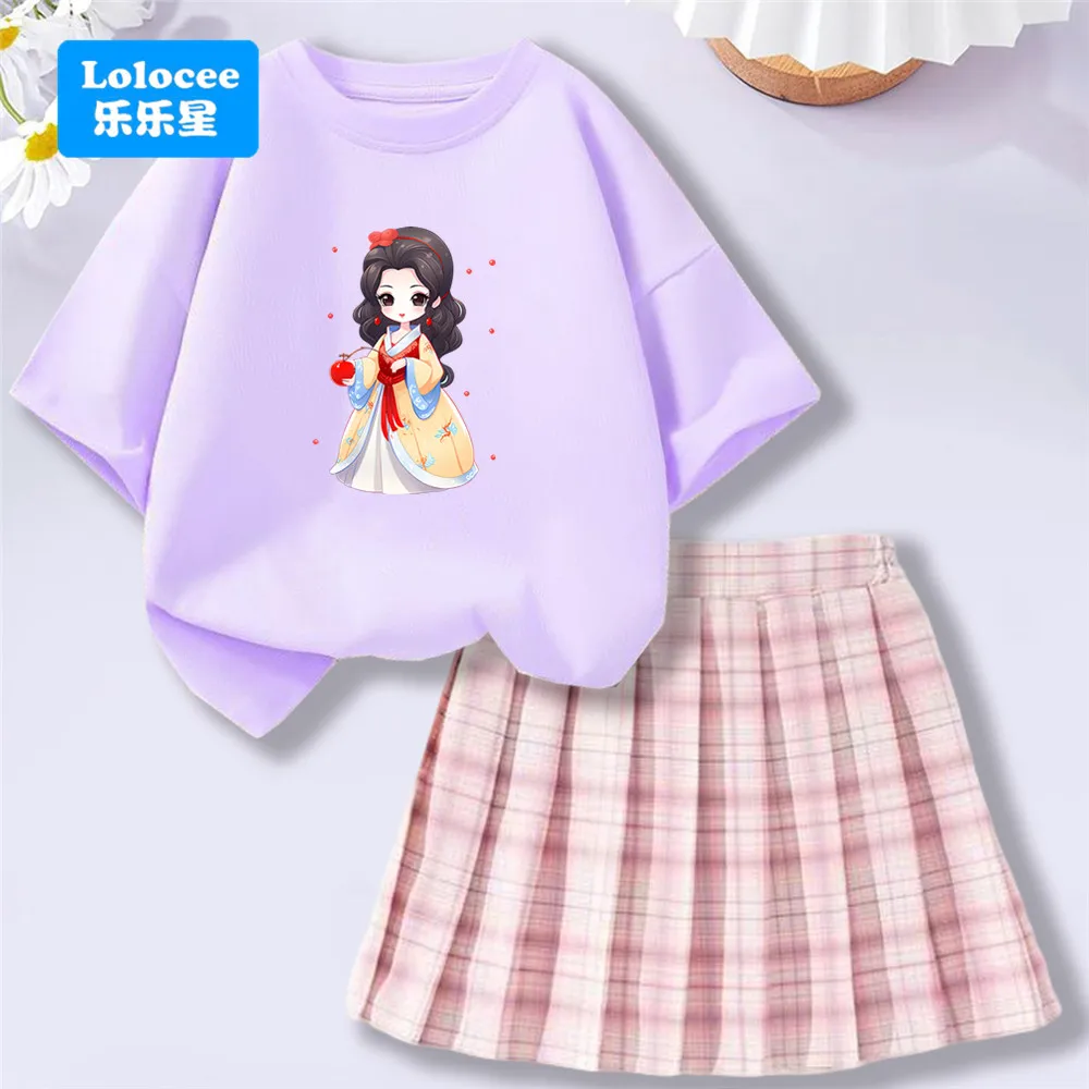 Antikes Cartoon-Prinzessin-T-Shirt-Oberteil für Kinder im chinesischen Stil + karierter Rock von Lolocee, kulturelles Kindermode-Outfit Image