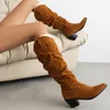 Pletaed Pattern Kniehohe Western-Cowboystiefel für Damen, große Größe 46, 47, 48, runde Zehen, klobige High Heels, weibliche warme, prägnante Schuhe