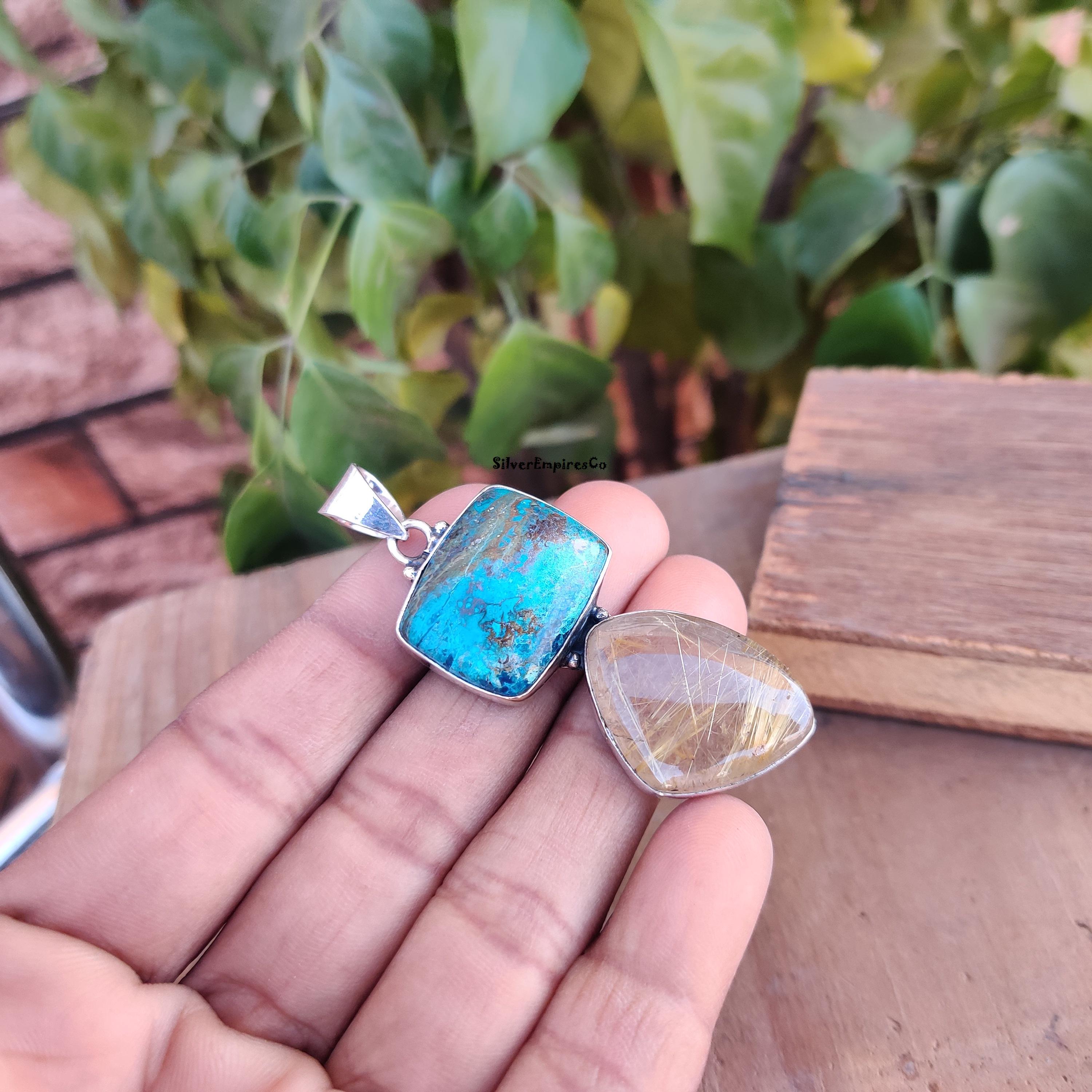Ciondolo in crisocolla, ciondolo in argento sterling 925, ciondolo nuovo fatto a mano, gioiello in argento con pietre preziose, regalo di nozze, gioie