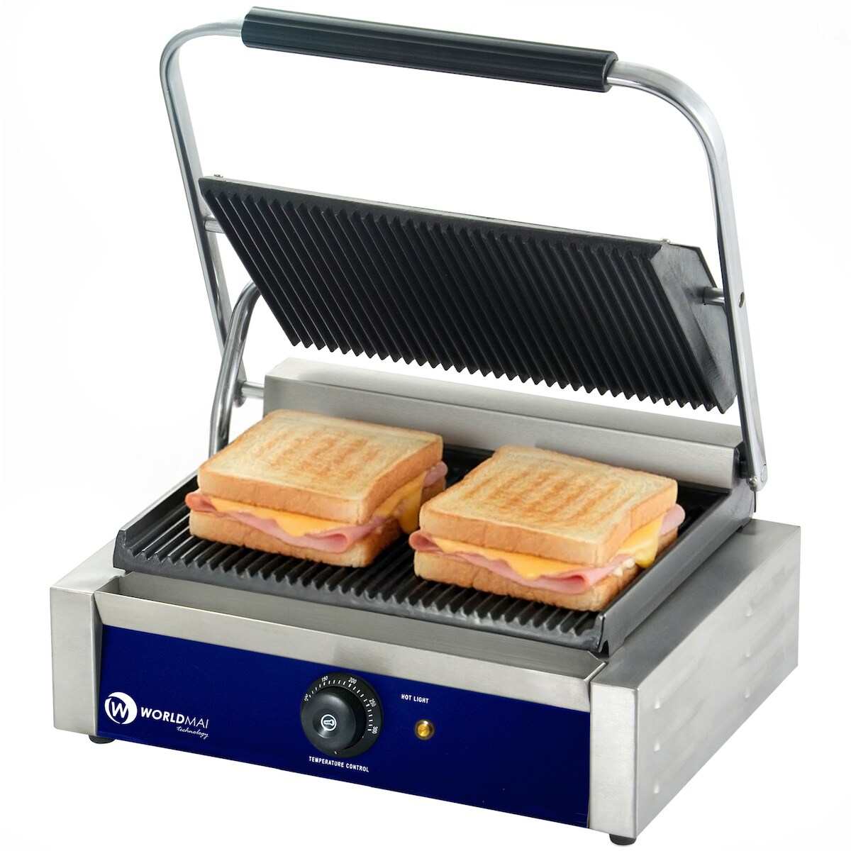 Elektrischer Grill WORLDMAI 44 x 41 cm mit gerillten Platten für die Gastronomie. Sandwich-Kontaktgrill für Bar und Restaurant. Image