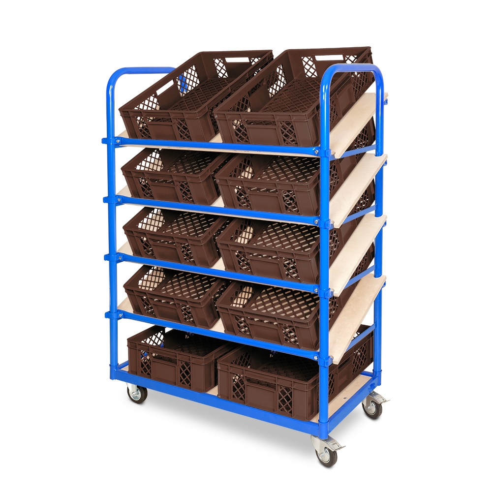 BRB Schrägboden-Regalwagen mit 5 Ebenen, bestückt mit 10 Euroboxen BxTxH 600x400x150 mm, durchbrochen, BxTxH 1050x500x1450 mm (braun) Image