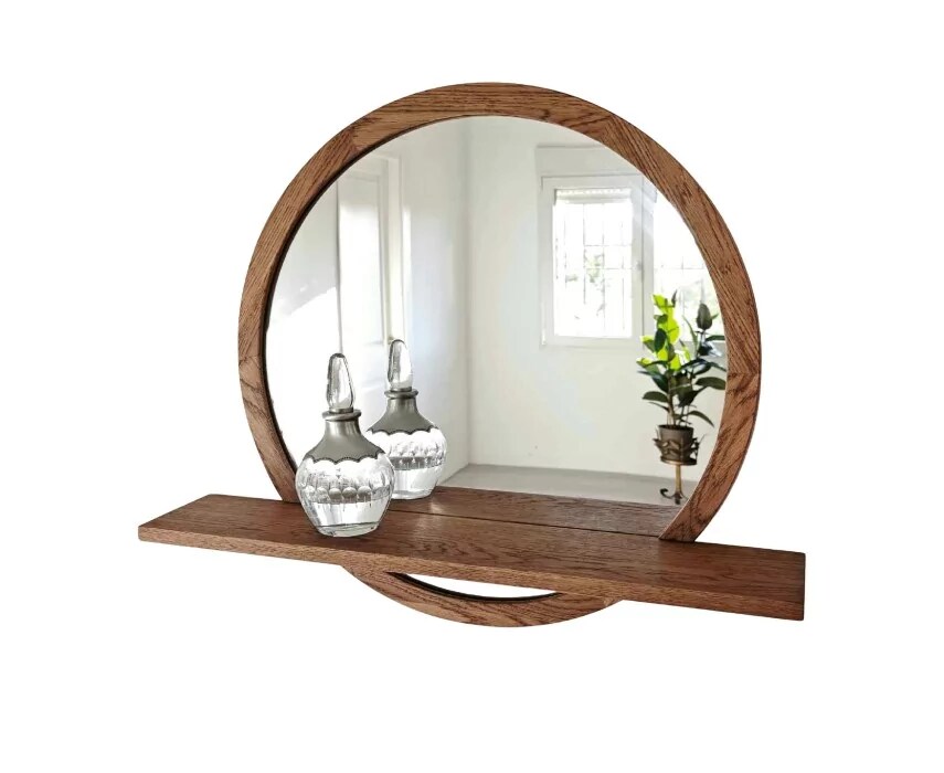 Ócrea Runder Spiegel aus Massivholz - Spiegel aus Eiche mit Ablage Image