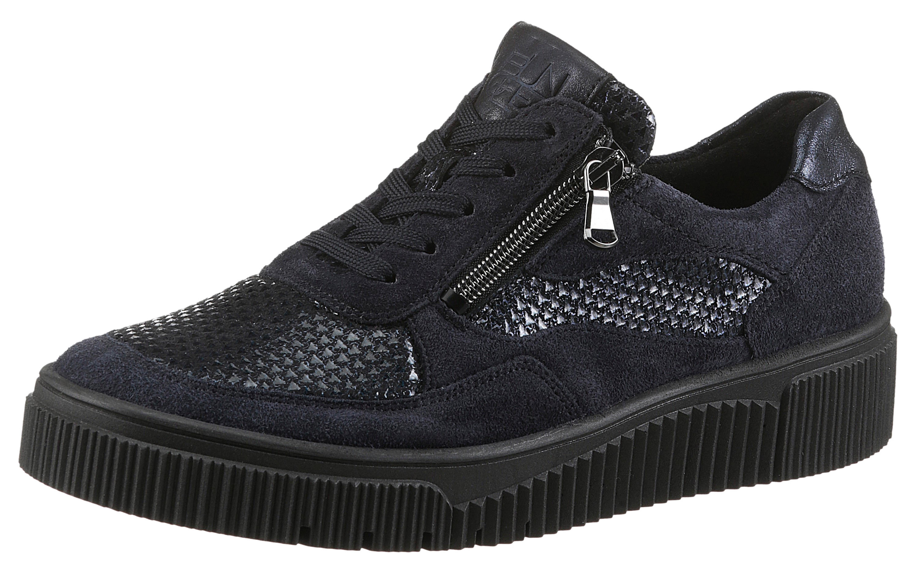 Plateausneaker WALDLÄUFER "K-SANSA-Soft", Damen, Gr. 6 (39), blau (dunkelblau), Nappaleder, Nubukleder, Textil, Veloursleder, unifarben, Schuhe, Komfortschuh, Bequemschuh, Schnürschuh in Extraweite K, Metallic-Optik