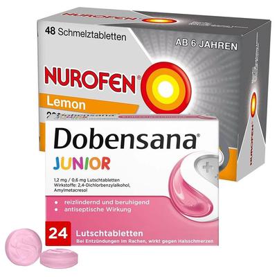 Nurofen 200 mg Schmelztabletten Lemon + Dobensana Junior Lutschtabletten Erdbeergeschmack 1 St Set Image