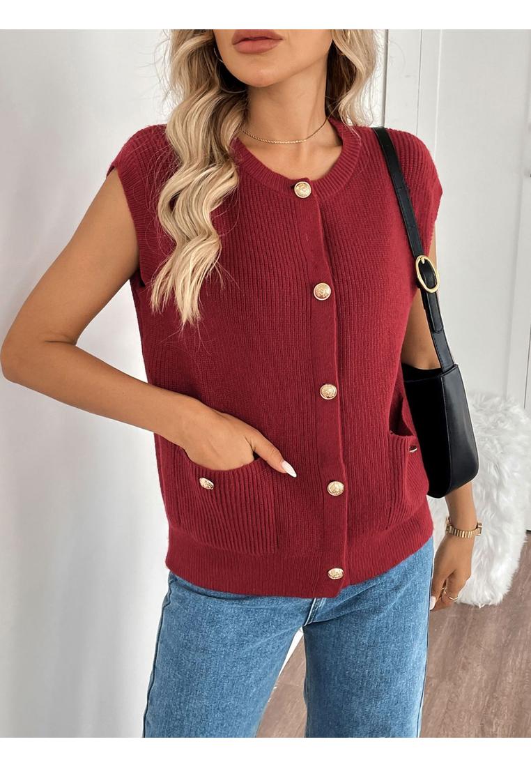 Cardigan mit Rundhalsausschnitt und Flugelarmeln und Taschen und geknopfter Vorderseite Image