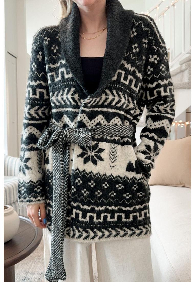 Langarm-Strickjacke mit Kragenausschnitt und Gurtel in der Taille Image