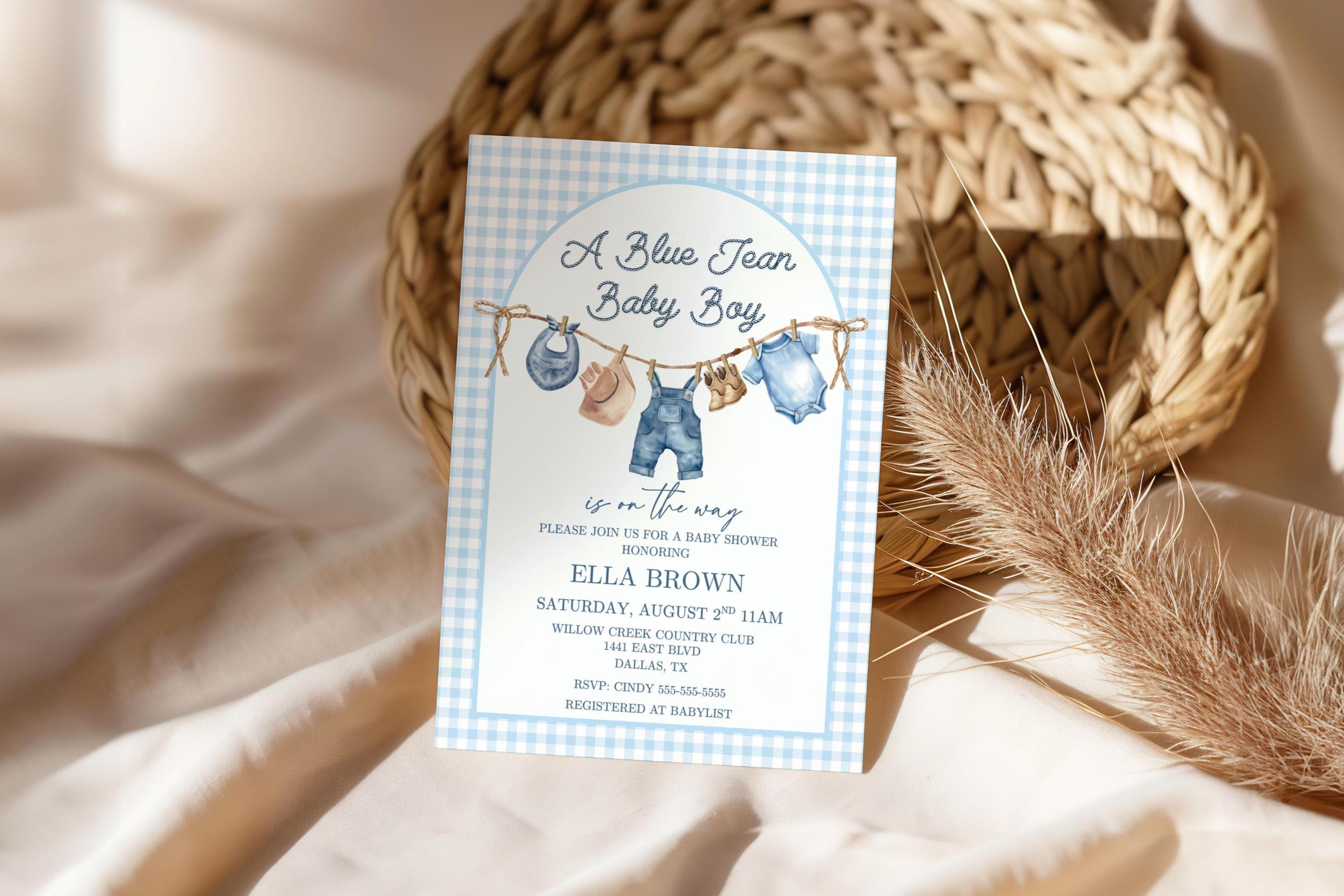 Invito per baby shower in jeans blu, invito Baby Sprinkle, baby shower in denim, baby shower in stile cowboy, modello di invito per baby shower modifi