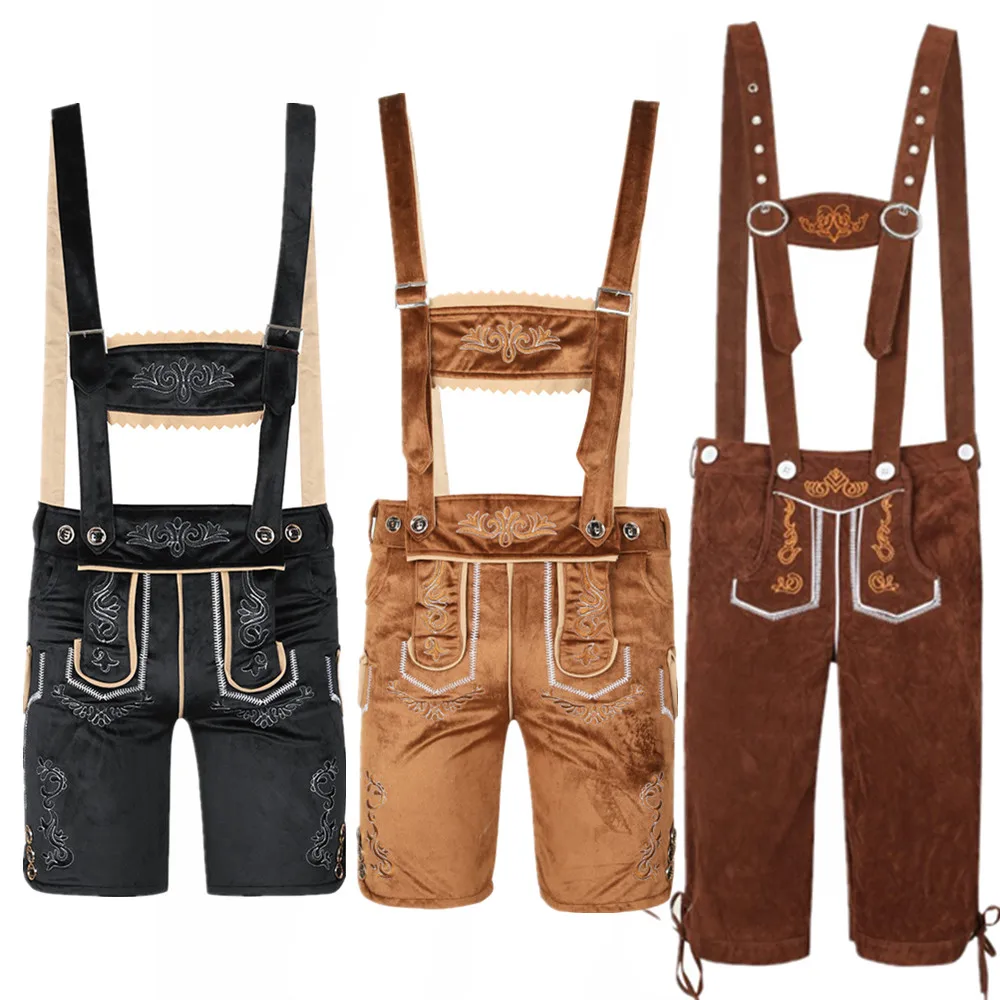 Männer Frauen Deutsches Oktoberfest Lederhosen Kostüm Bayerisches Bier Festival Outfit Braun Schwarz Hosenträger Hosen Cosplay Halloween Image