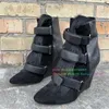 Pelziger Keilabsatz, kurzer Stiefel für Damen, Wildleder, spitzer Zehenbereich, Klettverschluss, hoher Absatz, Winter, warm, elegant, Walk Show, Partykleid, Schuhe