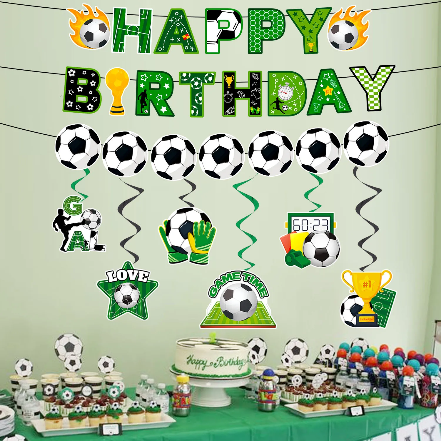 Fußball-Hängwirbel, 8-teiliges Fußball-Geburtstagsdekorations-Set – alles Gute zum Geburtstag, Fußball-Banner, Fußball-Hängefolienwirbel und Fußball-Girlande Image