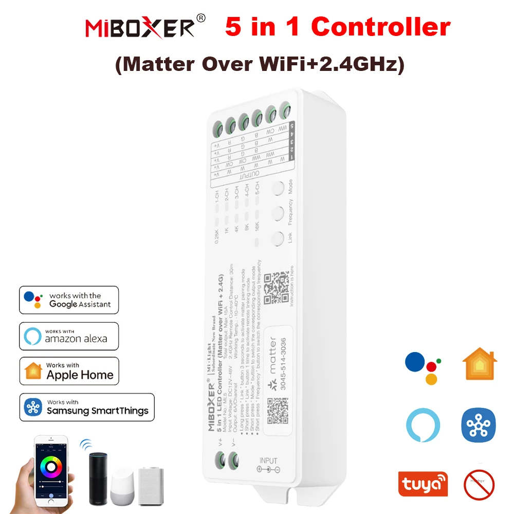 Miboxer ML5 DC12-48V 5in1 Controller Matter Über WiFi + 2,4 GHz Tuya APP WIFI Steuerung Einzel/Doppel Farbe RGB RGBW RGBCCT Streifen Image