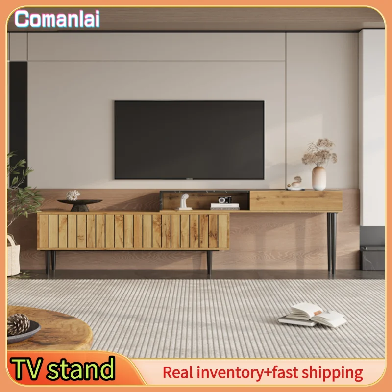 Comanlai Meuble TV moderne, meuble TV avec motif marbre et grain de bois, bord PVC, pieds en fer, couleur bois foncé, pour salon
