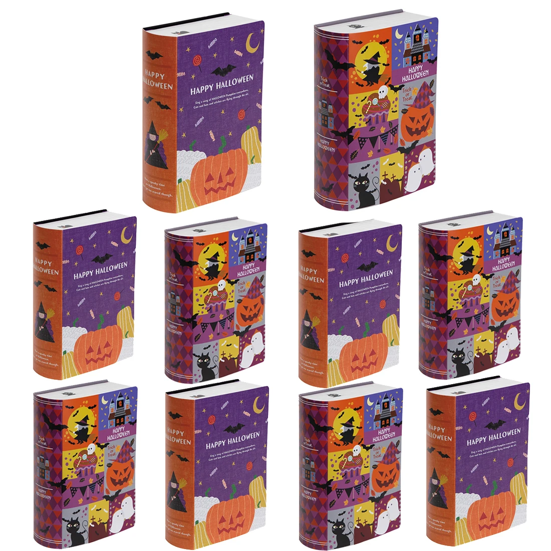 5 Stück Halloween-Kürbis-Fledermaus-Druck, buchförmige Kekse, Süßigkeiten, Geschenkboxen, DIY Flip-Top-Papierverpackungsbox für Halloween-Party-Dekoration Image