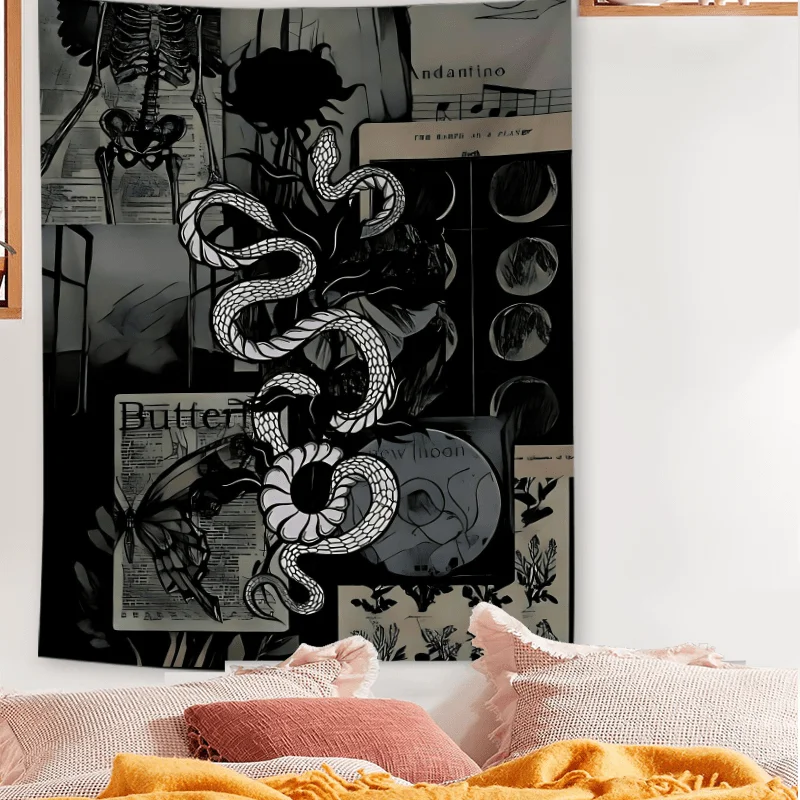 VIKAMA Dunkler Kunst-Wandteppich, Schlange, Schmetterling, Totenkopf, Musik, Symbol, Wohnzimmer, Musik, Ecke, Retro, dekorative Kunst, Wandhintergrund Image