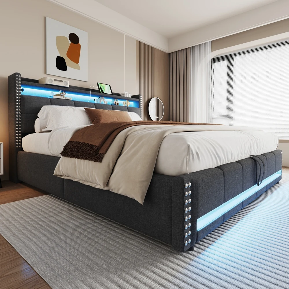 KOMHTOM Polsterbett 180x200 cm mit LED-Beleuchtung und USB-Steckdose, und Stauraum, Hydraulik für Lagerung Image