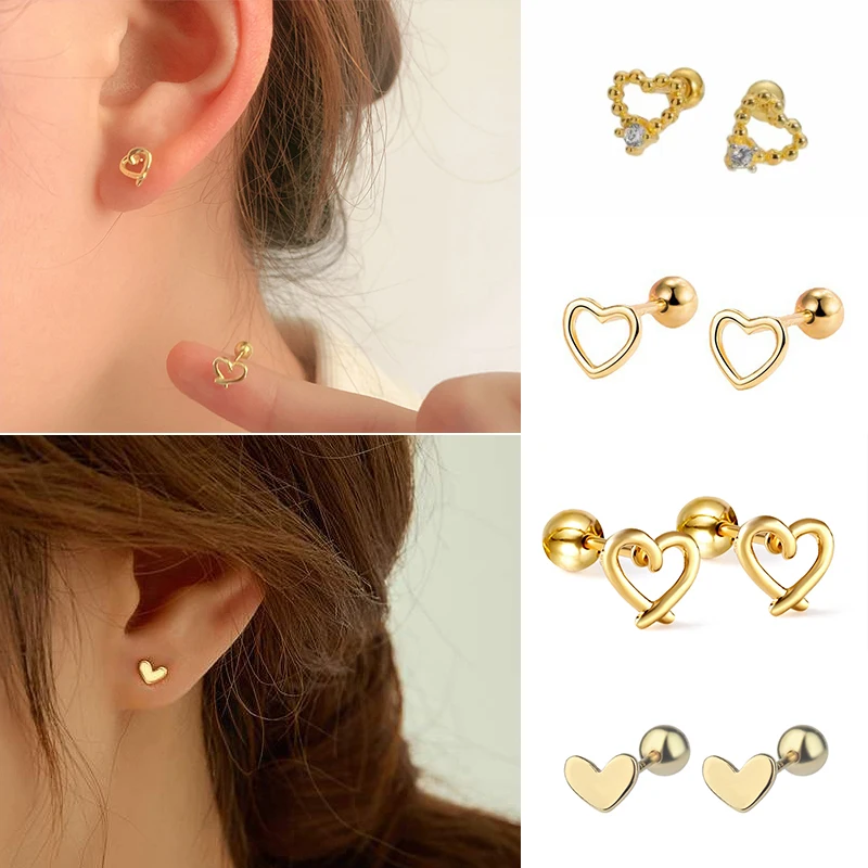 Trendy Minimalist Gold Farbe Mini Kleine Nette Herz Stud Ohrring Für Frauen Knorpel Helix Tragus Ohr Piercing Schmuck Geschenke Image