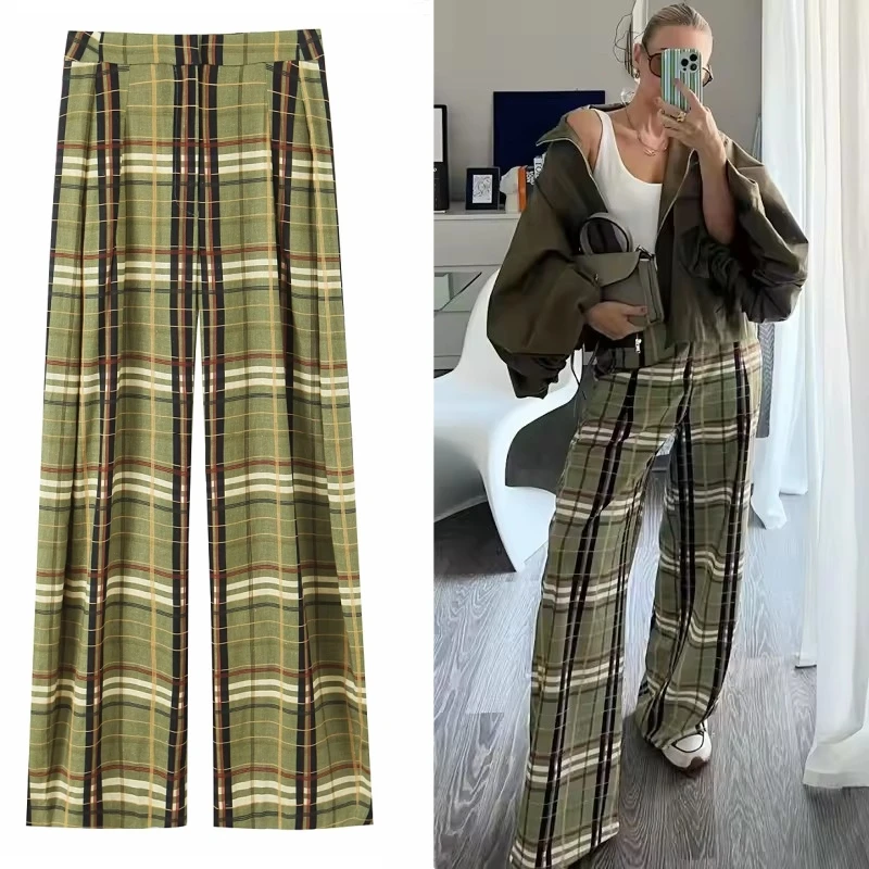 Vintage Grün Plaid Lange Gerade Lose Hosen Für Frauen Kausalen Hohe Taille Hose 2025, Herbst Neue Frauen Hosen Streetwear
