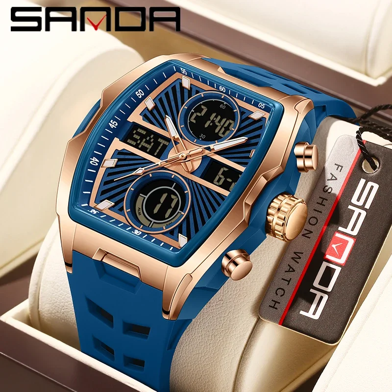 SANDA Neue Männer Uhr Quarzuhr Luxus Dual Display Chronograph Wasserdichte Sport Militär Multifunktions Männliche Digitale Uhr