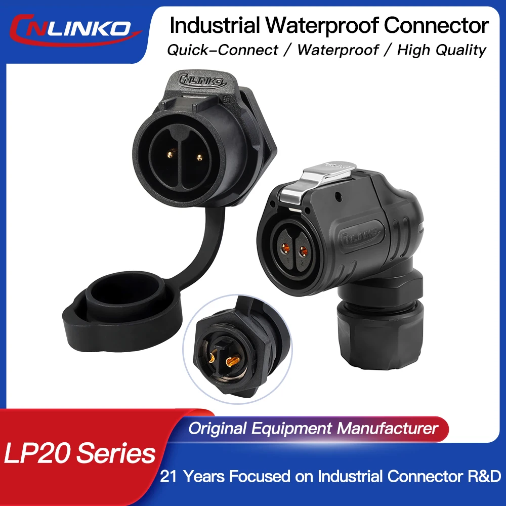 CNLINKO LP20 90 ° Rechtwinkliger, wasserdichter Industriesteckverbinder IP68 zur Umkehrmontage, platzsparend für Strom- und Signalkabel zum Löten Image