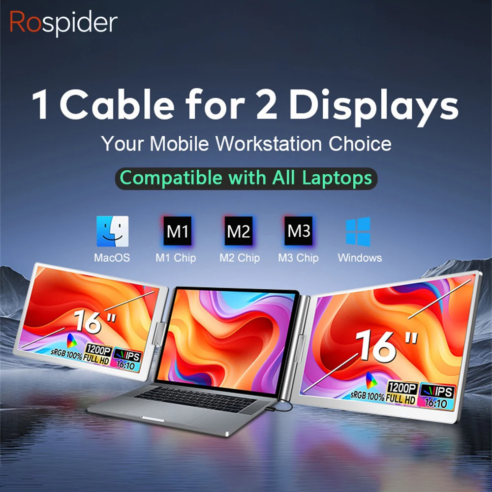Moniteur portable étendu à double écran FHD pour ordinateur portable, extension triple écran, compatible avec tous les PC Rospider