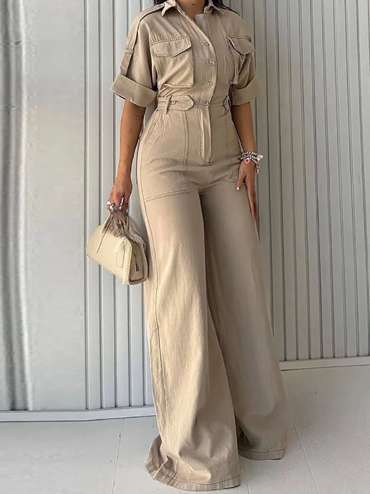 Neue Frühjahr drehen-unten Kragen Taste Hemd Büro Overall Frauen Casual Solide Gerade Overall Romper Sommer Cargo Hosen Overalls Image