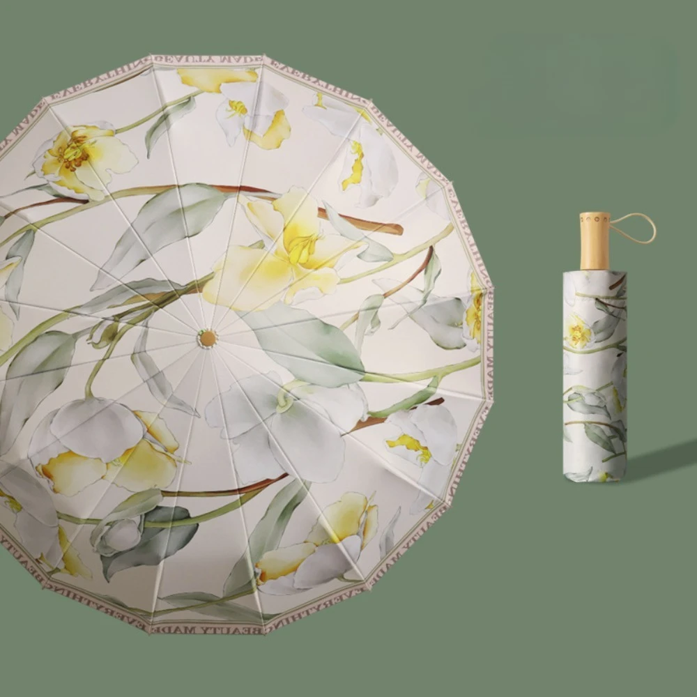 Flacher Sonnenschirm mit modischem Druck, Tasche, hochwertiger Taschen-Kompakt- und tragbarer, windabweisender und wasserabweisender Regenschirm Image