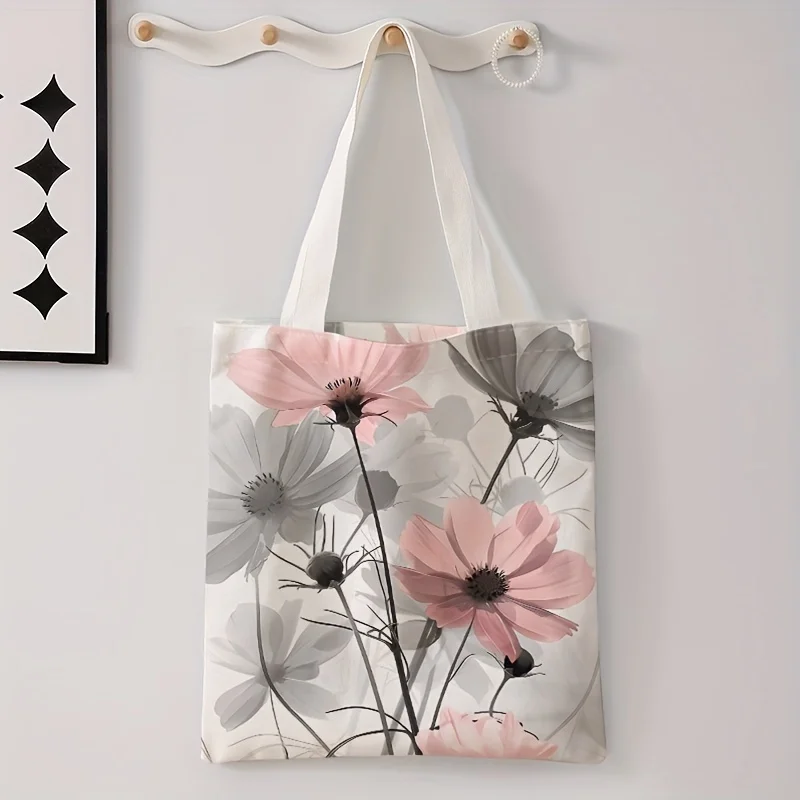 Einkaufstasche mit Blumenmuster, bedruckt, modische, wiederverwendbare Umhängetasche, Handtasche aus Polyester, leichte, lässige Shopper-Tasche Image