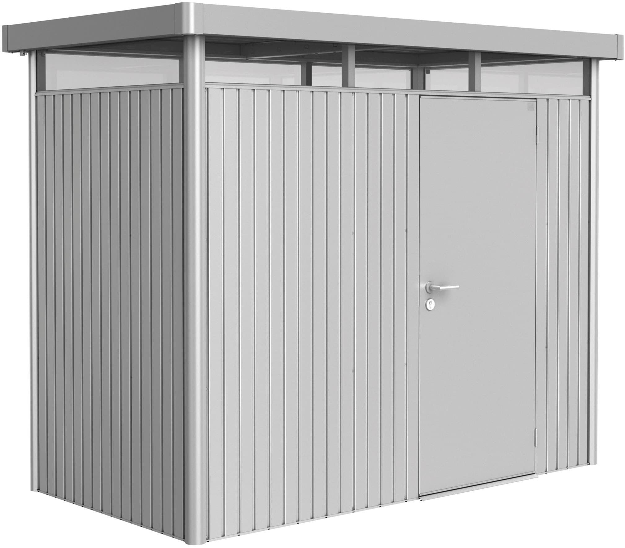 Gerätehaus BIOHORT "HIGHLINE Gr. H1, verschiedene Farben", silber (silber, metallic), Stahl, Gerätehäuser, stylisches Metall-Gartenhaus mit Flachdach Image