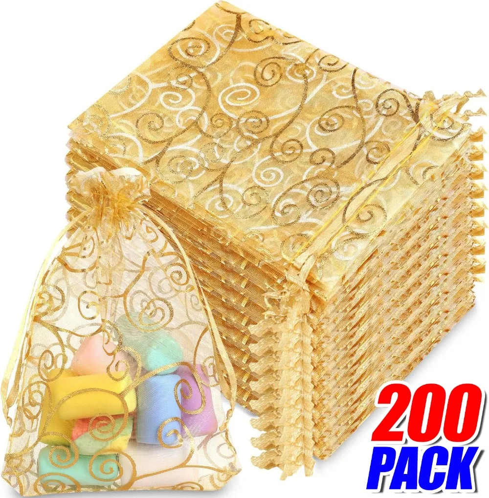 Shimmer Gold Candy Bags Drawable Organza Jewelry Packaging Pouch Christmas Holiday Wedding Birthday Party Favor Gift Wrap Bag