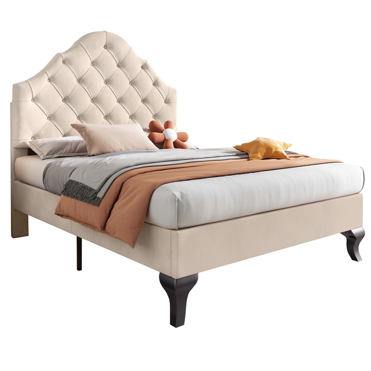 OKWISH Polsterbett 90x200 mit höhenverstellbarem Kopfteil ,Samtbett,Knopfoptik verstellbare Rückenlehne inkl,Lattenrost hohe Füße für Schlafzimmer Beige Image