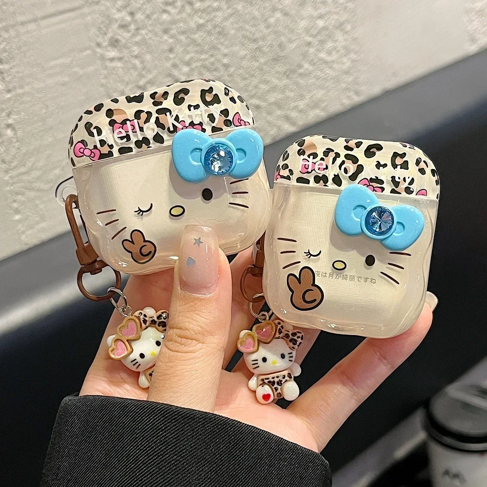 Kopfhörerhülle mit Leopardenmuster und Schleife für Airpods 4, 2, 3, 1 Pro 2, kabelloses Bluetooth-Headset, schützende 3D-Süße Sanrio Hello Kitty-Abdeckung Image