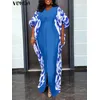 Plus Größe Kleider 2025, Herbst Gedruckt Sommerkleid Frauen Vintage Party Lange Vestidos Casual Lose 3/4 Fledermaus-flügel Hülse robe VONDA 5XL