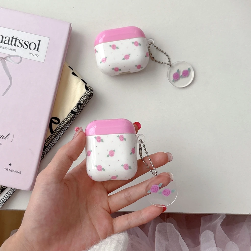 Romantische rosa Vollbild-Kopfhörerhülle mit Rosenblüten und kreisförmigen Punkten für AirPods 1 oder 2, 3, 4, Pro 2 Image