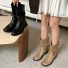 Herbst Winter Frauen Western Stiefeletten Fashion Slip Auf Starke Ferse Schuhe Damen Elegante Gefaltete Kurze Booties