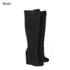 Rontic Neue Ankunft Frauen Winter Knie Stiefel Seite Zipper Keile Heels Runde Kappe Schwarz Braun Casual Schuhe Damen UNS Größe 5-20