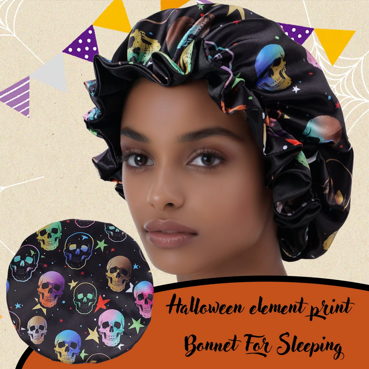 1 x Totenkopf-Satin-Mütze, Halloween, wendbar, doppellagig, Schlafmütze, 2-seitiger gruseliger Haarschutz für Damen und Herren Image