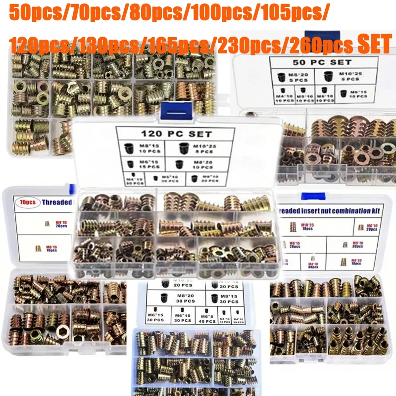 Gewindeeinsatzmutter-Set, Flansch, Sechskant-Möbelmuttern, E-Mutter, eingebettete Mutter, M4, M5, M6, M6, M8, M10, für Holzmöbel-Hardware-Werkzeuge
