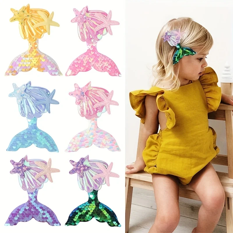 6 Teile/satz Glänzende Meerjungfrau Haarspangen Set für Mädchen Seestern Haar BB Pins Kinder Pony Dekorative Cartoon Haarspange Geschenk Image