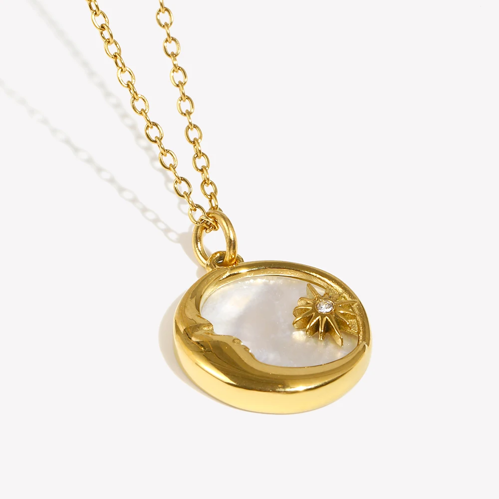E.B.belle Natürliche Perlmutt Casting Mond Stern Kreis Münze Halskette Für Frau 18K Gold Überzogene Edelstahl Schmuck Image