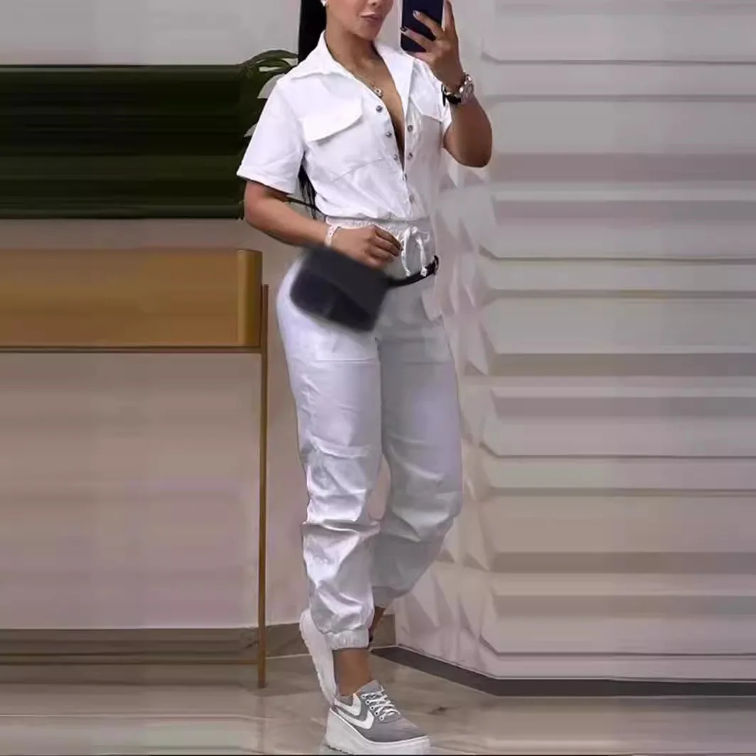 Büro Elegante Bodycon Overalls Frauen Sommer Fashion Solid Kurzarm Playsuits Dame Sommer Schlanke Tasche Einteilige Sets Weiß Image