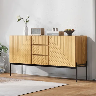 Wooden Sideboard with 2 doors and 3 drawers, metal legs, TV cabinet, chest of drawers with linear design 75 x 140 x 40 cm