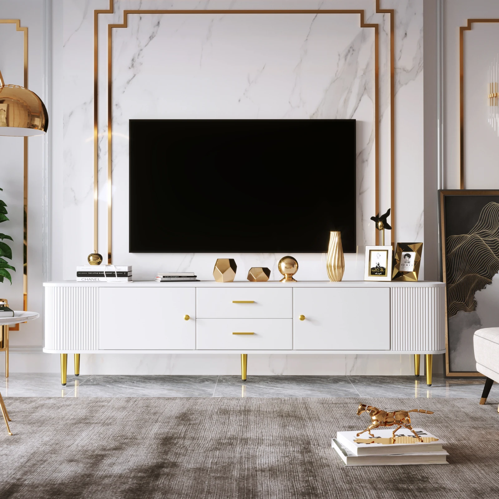 Anajqaqia Meuble TV de style moderne 170 x 34 x 45 cm, meuble de rangement avec 2 tiroirs, meuble latéral avec poignées dorées et pieds de table