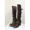 Dunkelbraune Vintage-Kniestiefel mit klobigem Absatz, Schnallenriemen, Reißverschluss, Punk, Runway, Gladiator-Stil, Herbst, sexy Schuhe, Stiefel, Größe 46