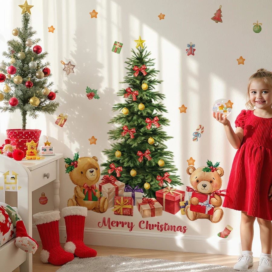 Weihnachts-Wandaufkleber – grüner Weihnachtsbaum mit roten Schleifen, abnehmbare PVC-Aufkleber für Kinderzimmer, Wohnzimmer, Kinderzimmer, Dekoration