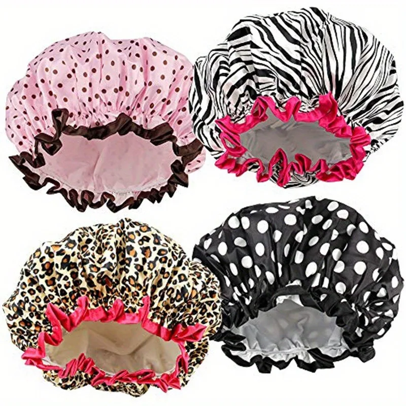 1PC Wasserdichte Dusche Kappe Leopard Print Doppel Schicht Elastische Dusche Haar Abdeckung Wiederverwendbare Welle Punkt Dusche Kappe Bad Lieferungen