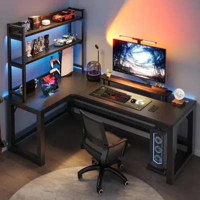 Modern Home Corner Esports Table Computer Game Table Desktop Metal Frame L-shaped Desktop Desk Bookshelf Combined Bedroom Desk