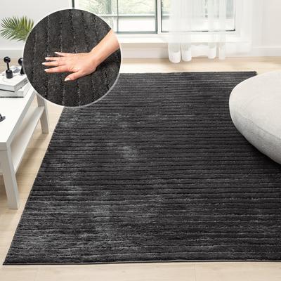 Teppich "Selma", grau (anthrazit), B:120cm H:19mm L:180cm, Kunstfaser, LEGER HOME BY LENA GERCKE, Teppiche, Hoch-Tief-Struktur, Streifen Design, Wohnzimmer, Schlafzimmer Image