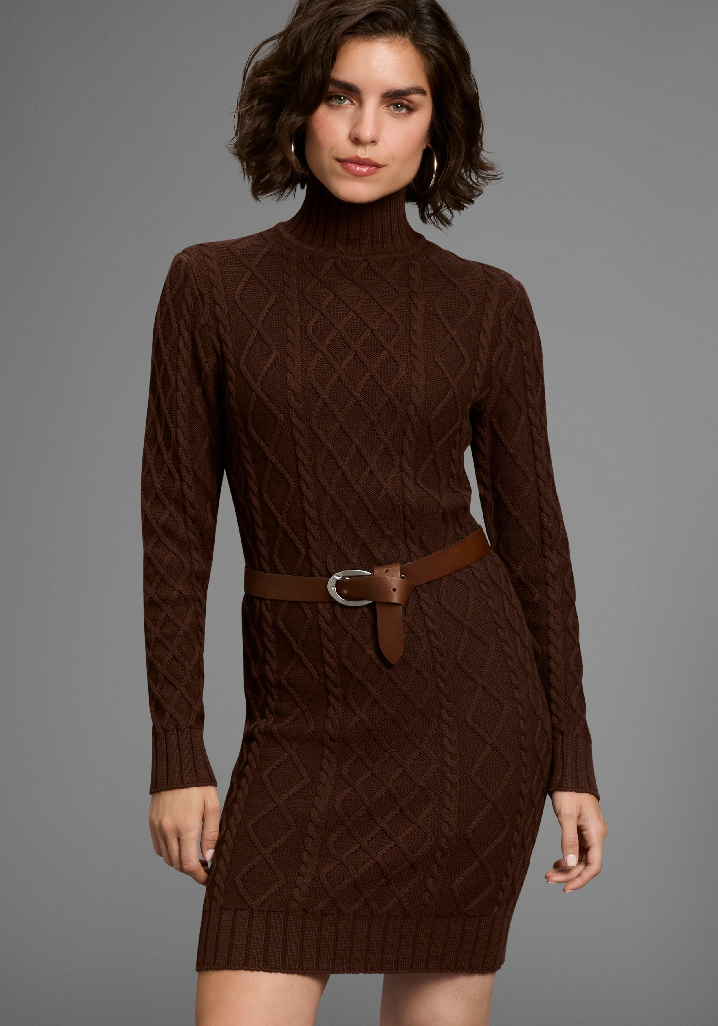 Strickkleid LAURA SCOTT, Damen, Gr. 42, N-Gr, braun, Strick, Obermaterial: 50% Baumwolle, 50% Polyacryl, unifarben, casual, lässig geschnitten mini, Rippbündchen, Kleider, mit Zopfstrickmuster