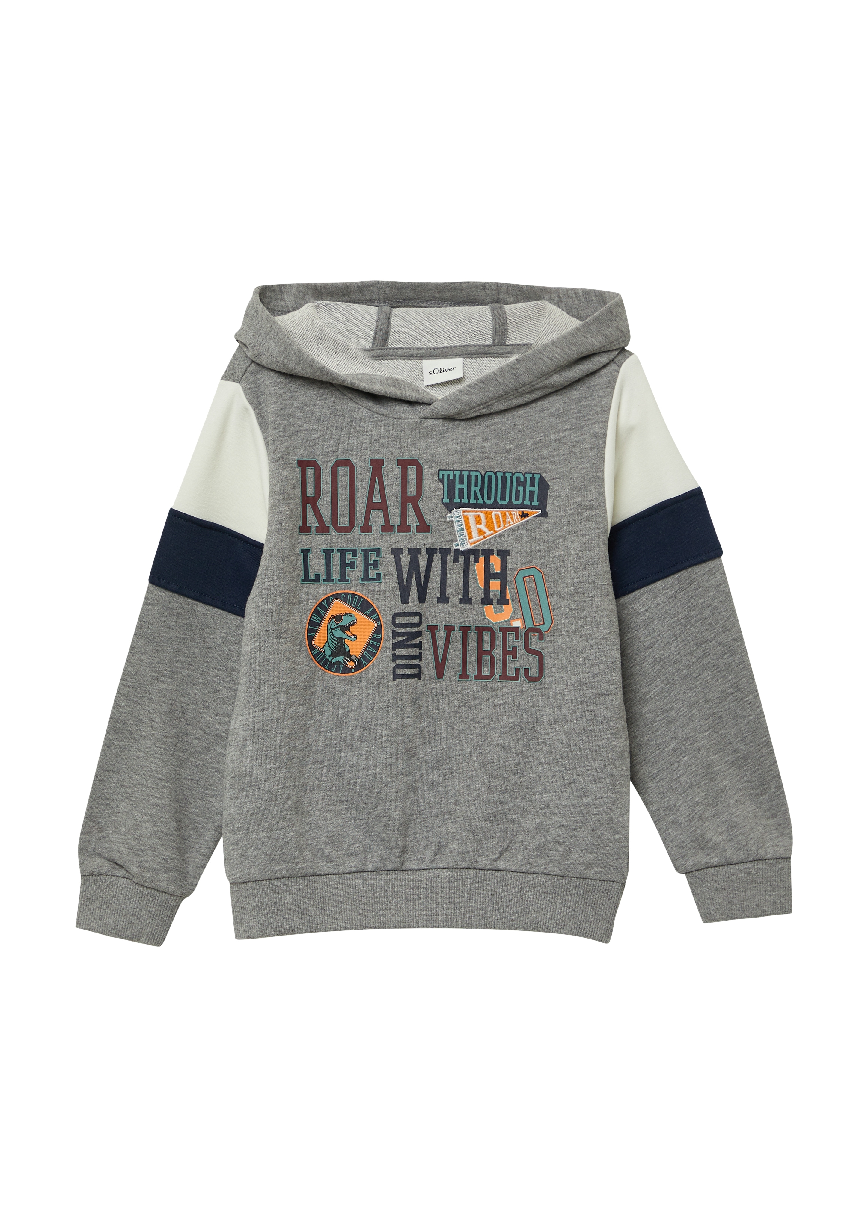 Sweatshirt S.OLIVER JUNIOR, Jungen, Gr. 92/98, grau (grau melange), Sweatware, Obermaterial: 81% Baumwolle, 10% Viskose, 9% Polyester, bedruckt, meliert, Casual, regular fit normal, ohne Ausschnitt, Rippbündchen, Sweatshirts, mit Print